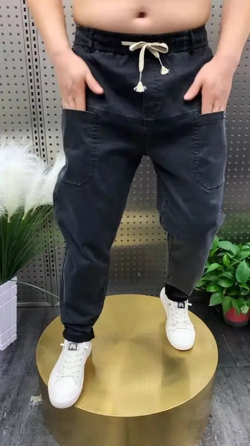 Luxury Baggy Denim Jeans for Men - Washed Streetwear Harem Trousers with Six Pockets, Elastic Waist, Perfect for Spring and Autumn, Casual Medium Wash Jeans Outfit