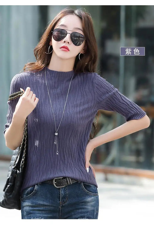 Half Turtleneck Ice Silk T-shirt Women's Sweater Mid-sleeved Temperament Versatile Top Fashionable Inner Wear Summer New Style