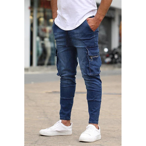 Men's Slim Fit Stretch Jeans Multi Pocket Cargo Trousers