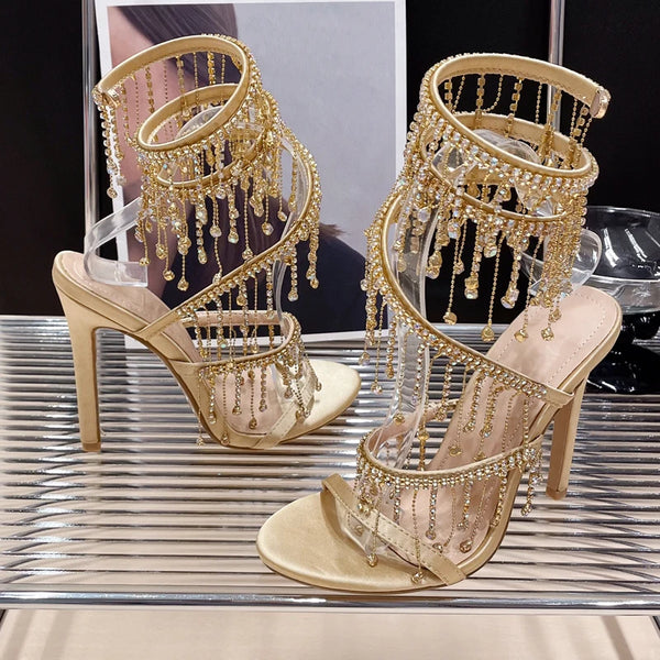 Glamorous Crystal Rhinestone Peep Toe Stiletto Sandals for Night Out