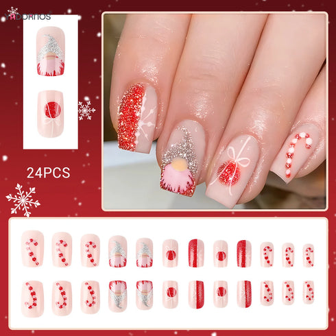 Festive Gnome and Snowflake Print Short Square Press-On Nails with Glossy Sequins and Charms for a Stunning Christmas Manicure Experience