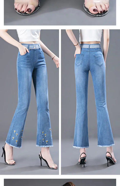 Casual Flared Jeans for Women - Spring Summer Korean Fashion with Embroidery and Elastic Waist - Perfect Outfit Ideas for Streetwear and Fall Jeans Outfits