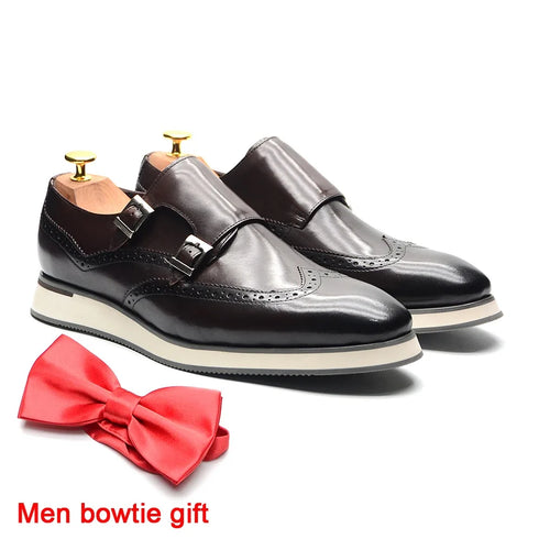 European Luxury Mens Sneakers Genuine Leather Monk Strap Double Buckles Wingtip Brogue Casual Business Dress Shoes