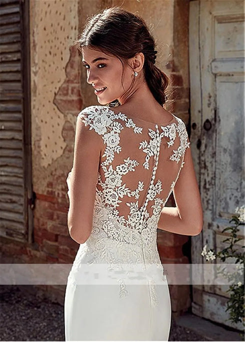 Wedding Dress Boho Sexy Illusion Sleeveless Scoop Neck Appliqued Lace Mermaid Gowns