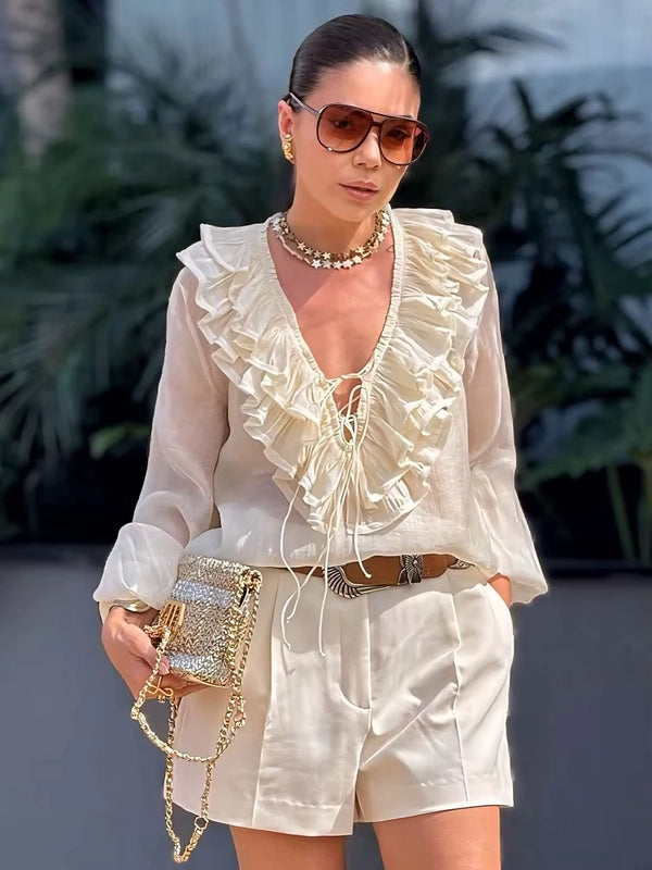 Women Fashion V Neck Blouse Lantern Long Sleeve Shirt Translucent Lace Up Top