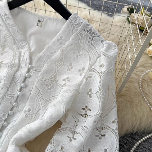 Elegant Embroidery White Lace Long Dress for Women Evening Occasion