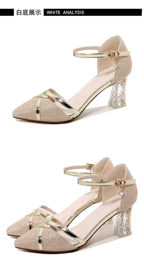 Gold Women Sandals Party High Heels Slip-On Sexy Shoes