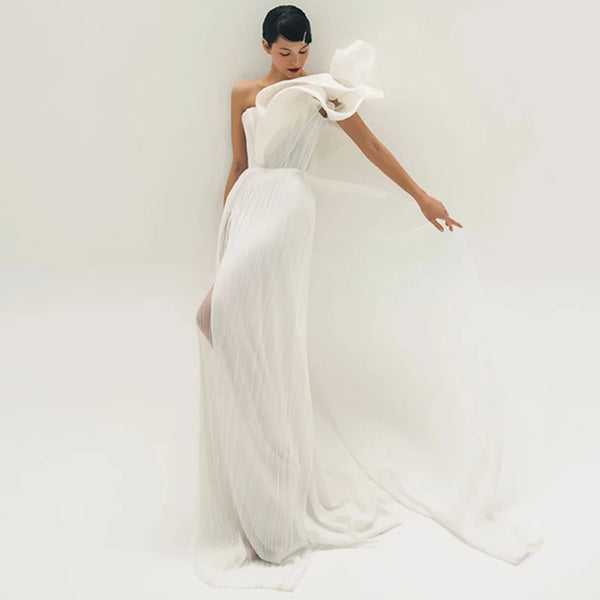 Bohemian One Shoulder Wedding Dress Sleeveless High Split With Sweep Train Custom Made ALine Silhouette