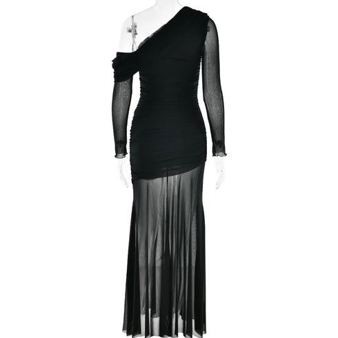 Oblique Shoulder Long Sleeve Maxi Dress for Women Elegant Patchwork Ruched Backless Slim Bodycon Dress