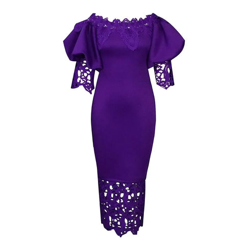 Trend Fashion Lace Midi Dress Women Off-Neck Bodycon Style