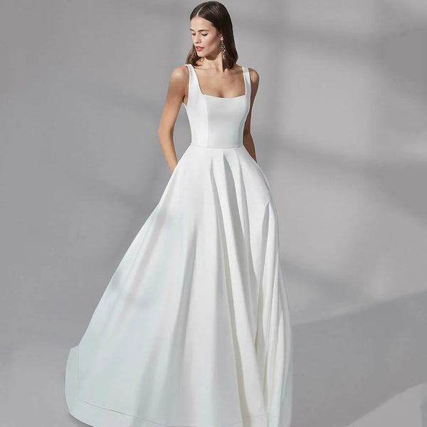 Backless Square-Neck Wedding Dress With Pockets, A-Line, Button Details, Floor-Length Train