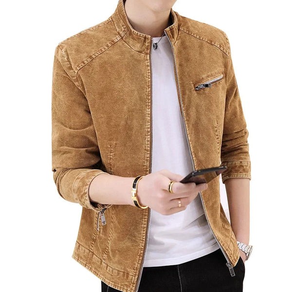 Men's Retro Motorcycle Denim Jacket with Stand Collar, Long Sleeve Zippered Casual Outerwear for Spring and Autumn Fashion