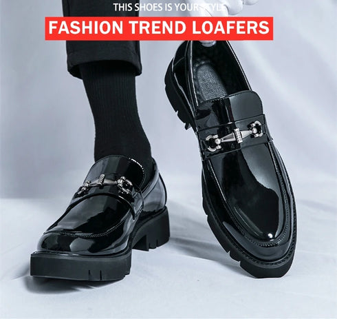 Men's Thick Sole Patent Leather Oxfords - Stylish Slip-On Derby Shoes for Casual and Formal Occasions, Height Increasing Loafers for Ultimate Comfort and Fashion