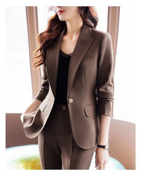 Korean Elegant Casual Blazer Coat and Flare Pants Two-Piece Women's Suit Set for Autumn/Winter Fashion