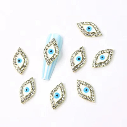 10pcs Devil's Blue Eye Nail Charms with Glitter Rhinestones for Stunning Nail Art Decoration and Manicure Accessories