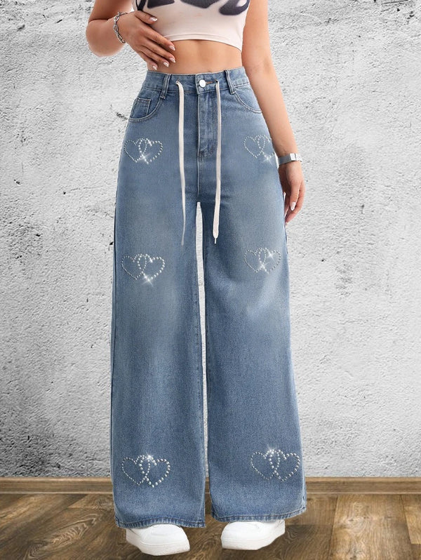 Embroidered Wide Leg Jeans With Lace Up Details Distressed Denim For Women Jeans