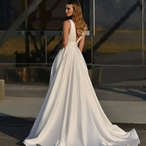 Customized Simple A-Line Wedding Dress With Pocket Satin Elegance