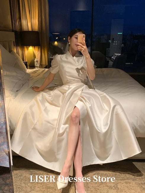 A-Line Elegant Wedding Dress With Lace-Up Back Short Sleeves Silk Satin Modern Gown
