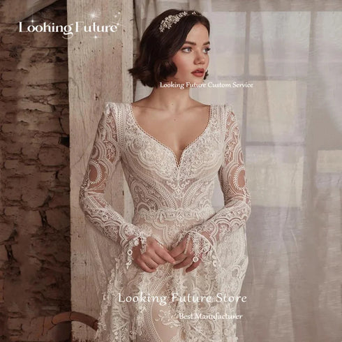 Boho Mermaid Wedding Dress Long Sleeve Lace Illusion V Neck Backless Bridal Gown