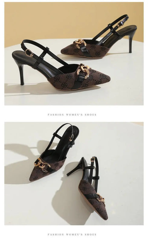 Women Pointed Toe Metal Buckle High Heel Anti Slip Sandals