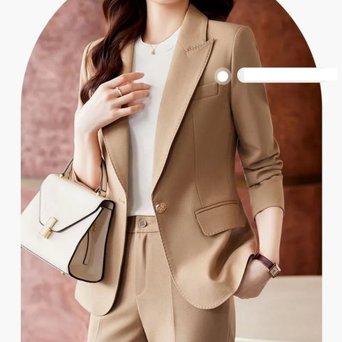 Korean Elegant Casual Blazer Coat and Flare Pants Two-Piece Women's Suit Set for Autumn/Winter Fashion