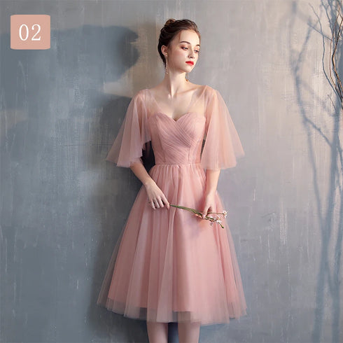 Bridesmaid Dress Tea-Length Tulle With Built-In Bra, V-Neck Pleated Design For Prom And Wedding Dress