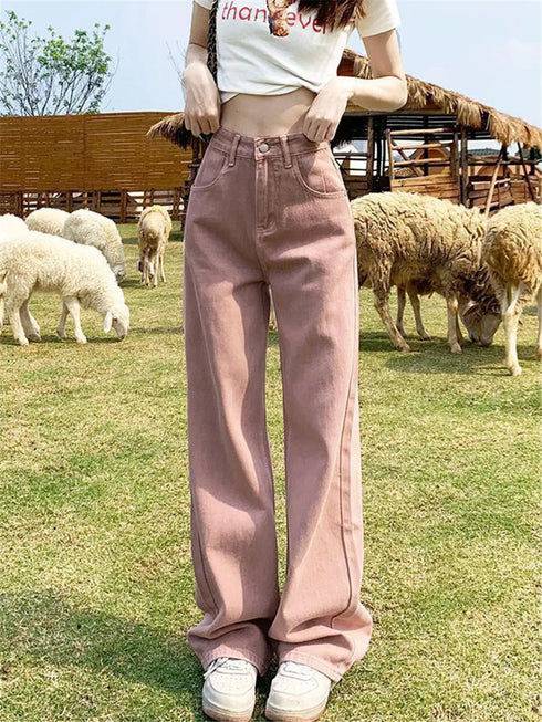 Y2k Pink High Waist Causal Wide Leg Jeans Women Straight Denim Pant