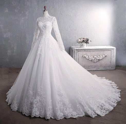 Long Sleeve Wedding Dresses Luxury High-neck Ball Gown Plus Size