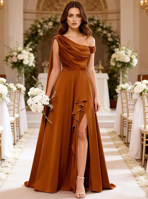 Bridesmaid Dress One Shoulder Chiffon With Pleated Ruffles A-Line Floor-Length Slit Bridal Dress