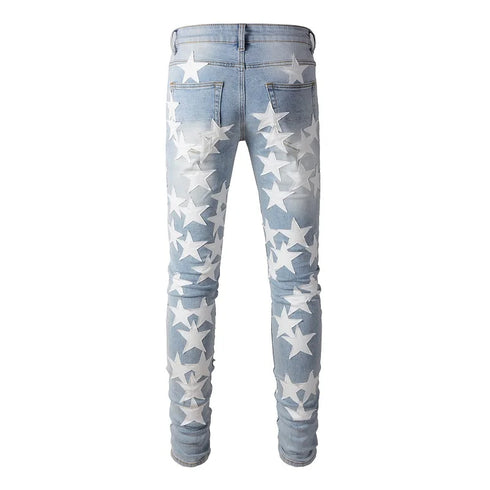 Men's Distressed Ripped Jeans with Leather Star Patchwork and Moustache Holes