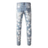 Men's Distressed Ripped Jeans with Leather Star Patchwork and Moustache Holes