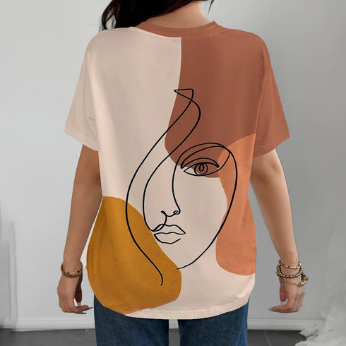 Orange And White Women's Abstract Art T-shirt - Modern Bold Fashion Art Style Summer Round Neck Short Sleeve