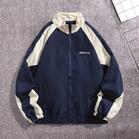 Men's Stand Collar Long Sleeve Windbreaker Jacket - Casual Spring Sports Outerwear with Color Block Design and Front Pockets
