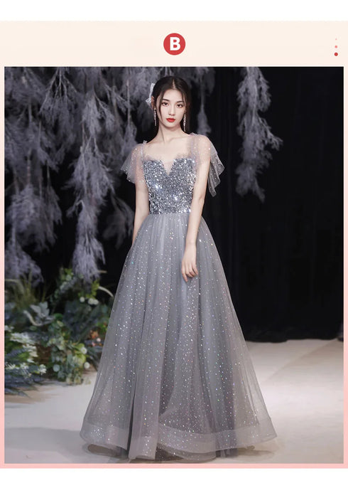 Off Shoulder Lace Illusion A Line Dress Floor Length Glitter Tulle Bow Bridesmaid Dress