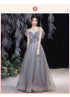 Off Shoulder Lace Illusion A Line Dress Floor Length Glitter Tulle Bow Bridesmaid Dress