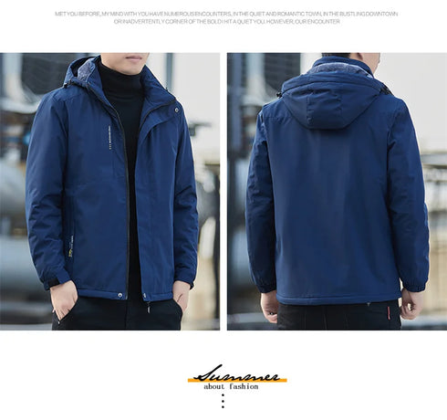 Plush Waterproof Autumn Winter Jacket for Men - Casual Windproof Coat with Detachable Hood and Rib Sleeves, Perfect for Daily Wear and Spring Cotton Comfort