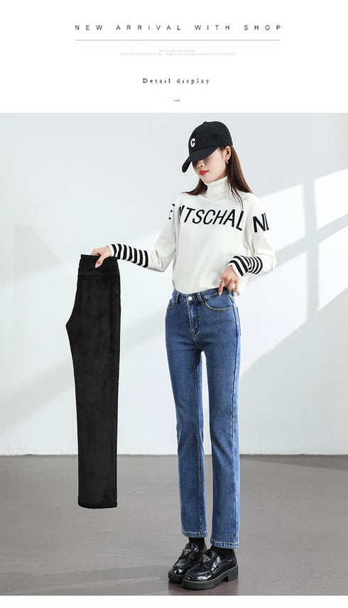 Women's Winter Fleece Warm Jeans Retro Slim Straight Denim Pants