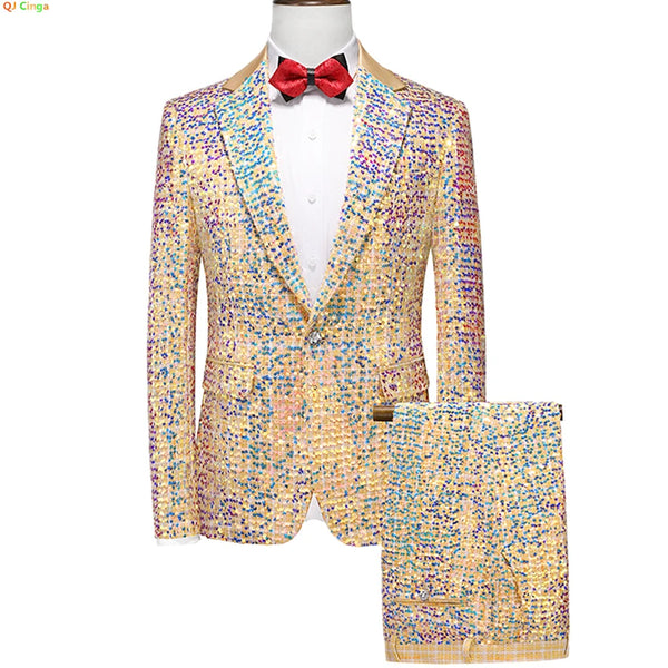 Glamorous Sequin Men's Suit Ensemble for Weddings and Performances, Two Piece Jacket and Trousers, Sizes M-6XL