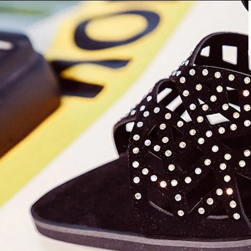 Rhinestone Faux Leather Hollow Out Thick Heel Sandals