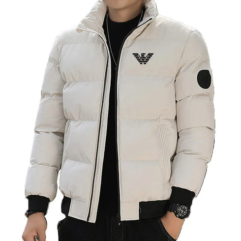 Versatile Winter Down Jacket for Men - Casual Solid Color Thick Warm Outerwear with Printed Design and Appliques