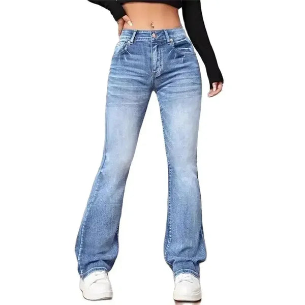 Women Casual Micro Flares Jeans Vintage Mid Waist Denim Trousers