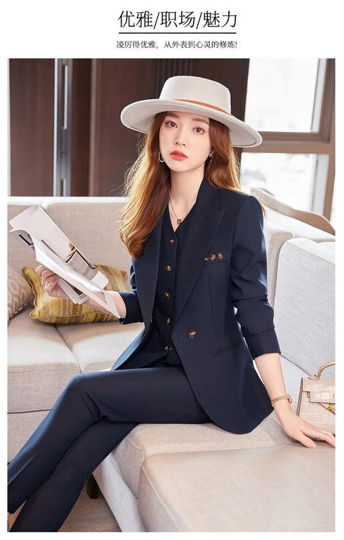 Chic Korean Fashion Women's 3-Piece Blazer Suit Set with Long Sleeve Vintage Jacket and Vest + Slim Straight Pencil Pants for Elegant Business Outfits