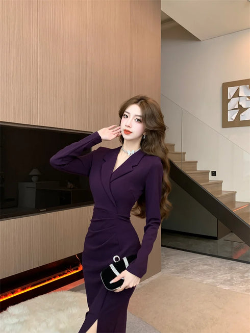 Purpled Elegant Pleated Bodycon Suit Dress for Women Chic Formal Dress