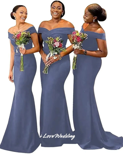 Off Shoulder Satin Mermaid Bridesmaid Dress With Ruched Detailing And Sweep Train