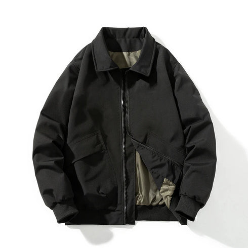 Men's Solid Bomber Jacket - Vintage Retro Military Style Motorcycle Parka - Thick Windbreaker with Pockets for Autumn and Winter Casual Wear