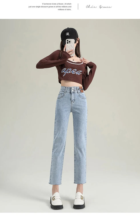 Slim Straight Elastic Denim Pipe Pants for Women - Versatile All-Season Trousers with Pockets and Tie Dye Details for Trendy Fall Outfits