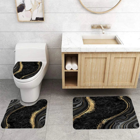 4 Piece Doormat Shower Curtain Set with Non-Slip Rugs Toilet Seat Cover and Bath Carpet for Bathroom Decor