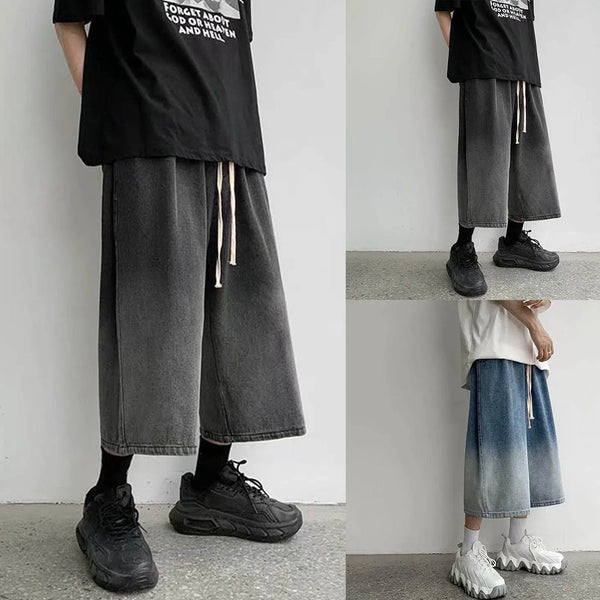 Men's Denim Shorts Casual Elastic Waist Wide Leg Baggy Jeans