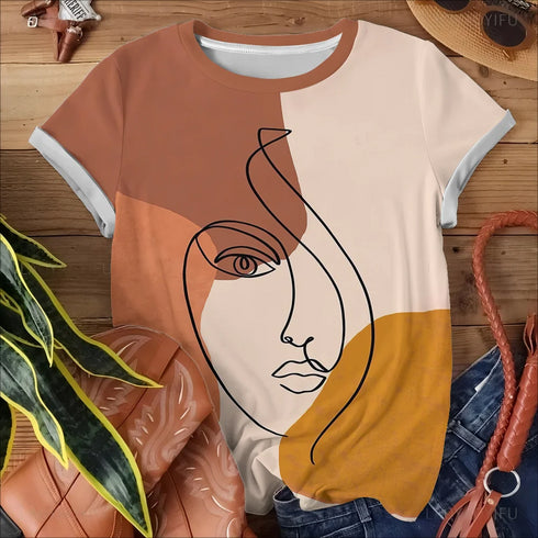 Orange And White Women's Abstract Art T-shirt - Modern Bold Fashion Art Style Summer Round Neck Short Sleeve