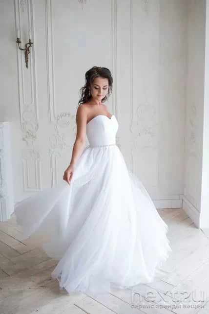 Crystal Beaded Belt Wedding Dress With Tulle Skirt And Illusion Lace-Up Back Floor-Length Maxi